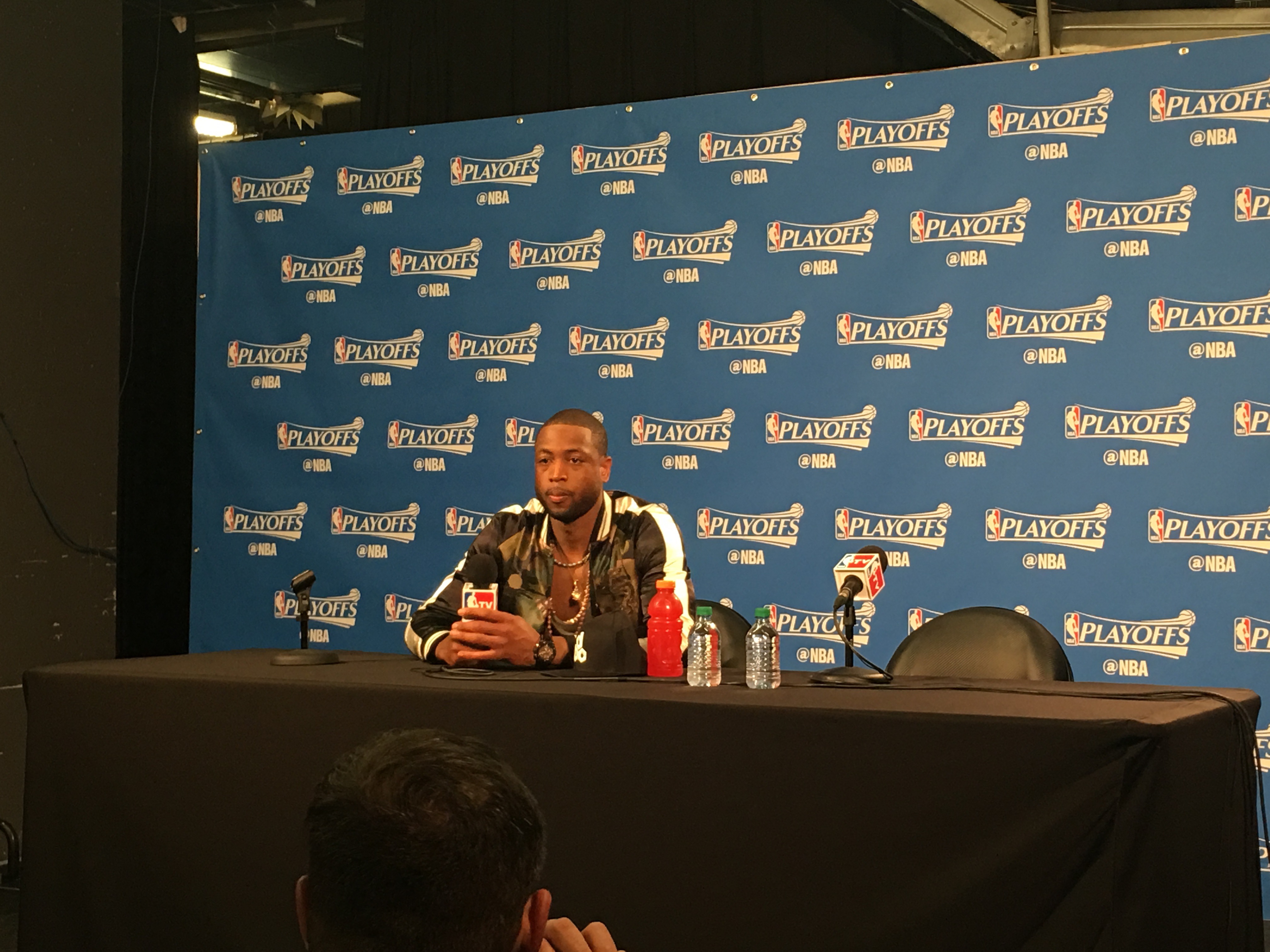 Podium Game: Spoelstra, Deng, Dragic, Winslow, Johnson and Wade after Game 1 win against Toronto