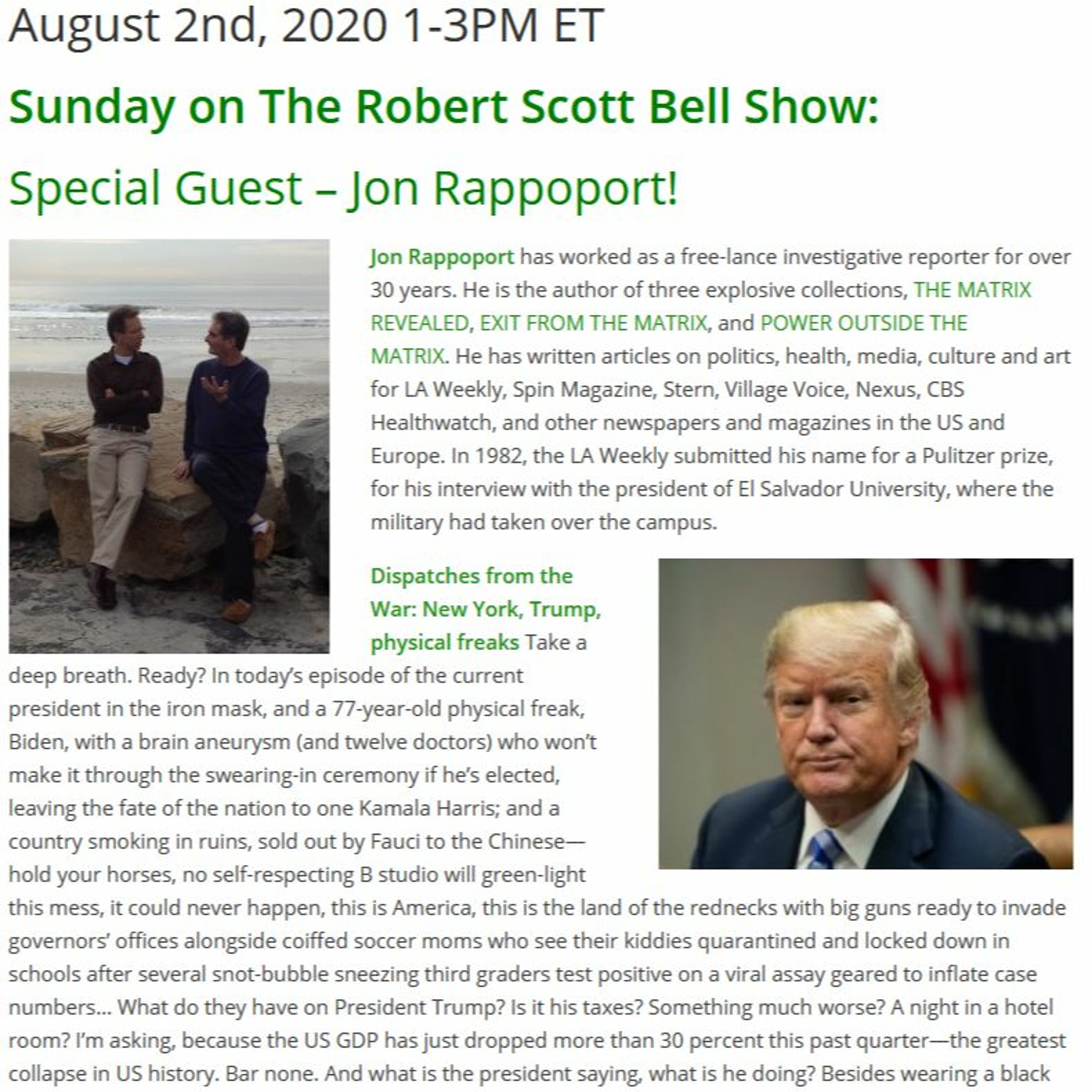 The RSB Show 8-2-20 - Jon Rappoport, Dispatches from the War, Schools Reopening, KC Craichy