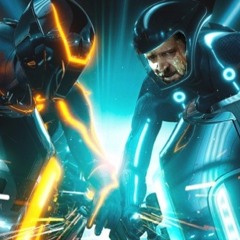 cgi jeff bridges is enjoying a nice peaceful ride on his lightcycle; then, russell crowe shows up with his m16... again... or something...
