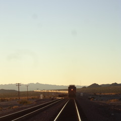 Train passing by in the desert, close to the "Bagdad" ghost town in California (USA)
