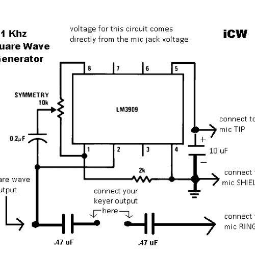 Stream Morse code oscillator circuit powered by the computer MIC JACK