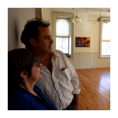 Pam Carey and Matthew Perry discuss her art on display at the Left Bank North Bennington