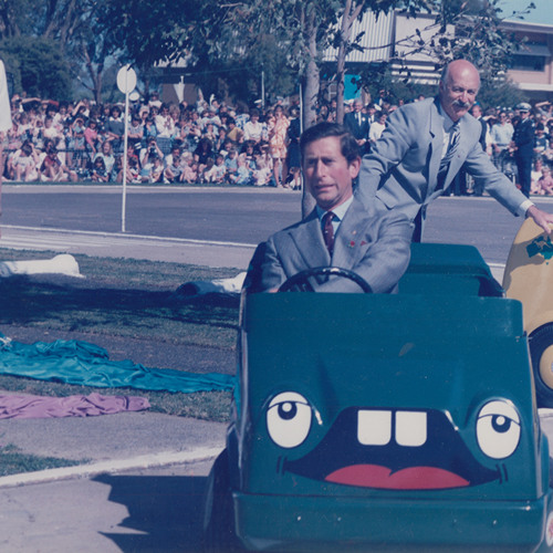 Prince Charles and Princess Diana drive Careful Cobbers in Shepparton
