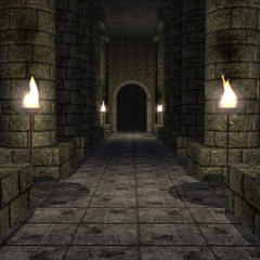 running through a stone corridor