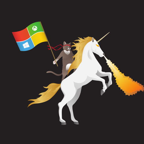 Microsoft ninja cat riding a fire-breathing unicorn