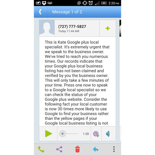 Google Plus Local Voicemail Spam / Scam / Hoax