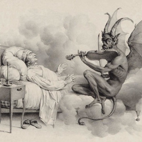 A man sleeps while the devil plays the violin sitting at the foot of the bed