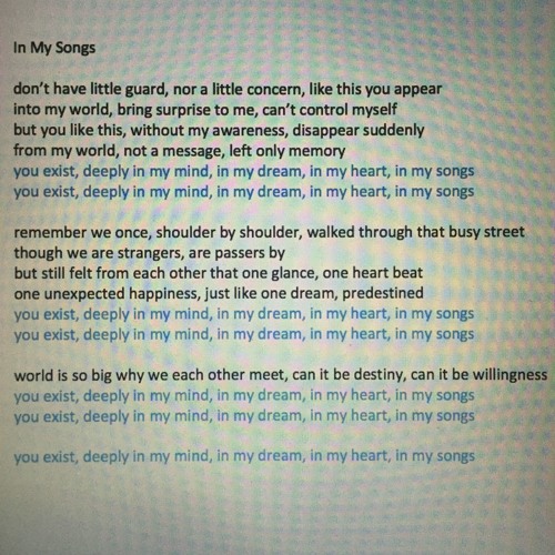 I translated Wanting Qu's "In My Songs" into English