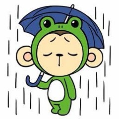 monkey wearing a frog suit in the rain
