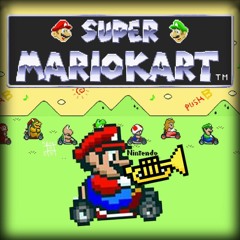 Super Mario in a kart, playing trumpet.