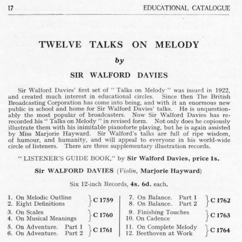 Sir Walford Davies: Twelve Talks on Melody (1922)