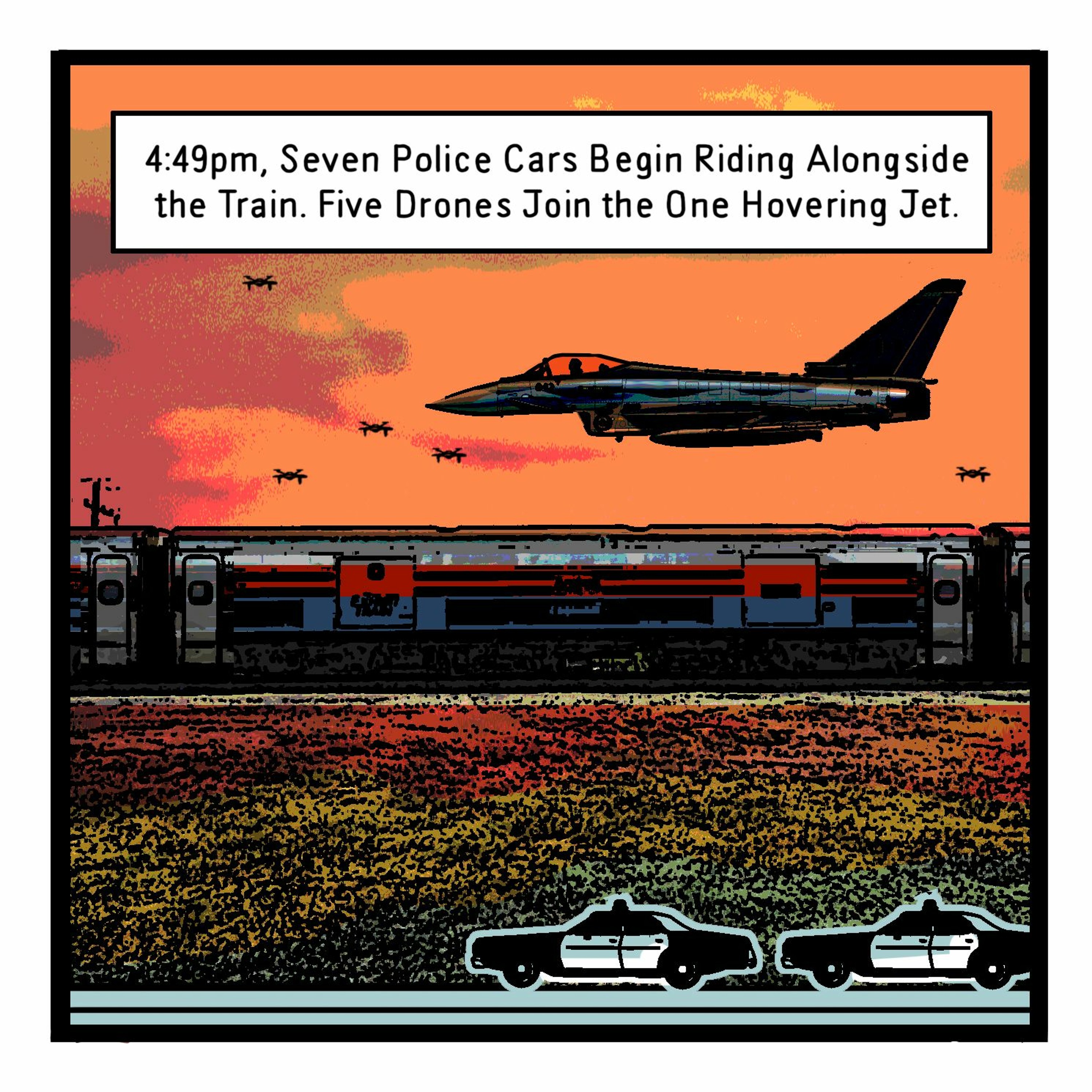 THE BUREAU: 4:49pm, Seven Police Begin Riding Alongside the Train. Five Drones Join the One Jet. episode artwork