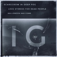 Scarecrow in deep fog. Love stories for dead people. Halloween has come!