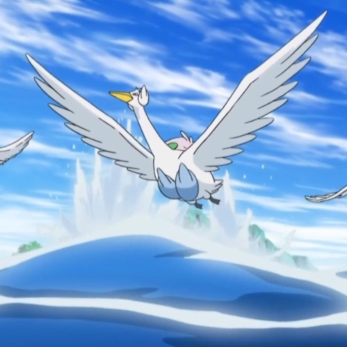 Mundo Pokémon - 581- Swanna. Tipo: água/voador. Evolução: Estágio Final.  Histórico: Swannas começam a dançar ao anoitecer. Aquele que dança no meio  é o líder do rebanho. Seu pescoço articulado permite que