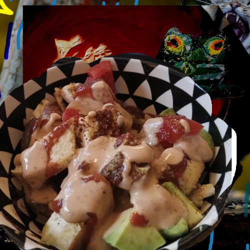 roasted onions tofu with tomato avocado and spicy peanut sauce low net carb meal