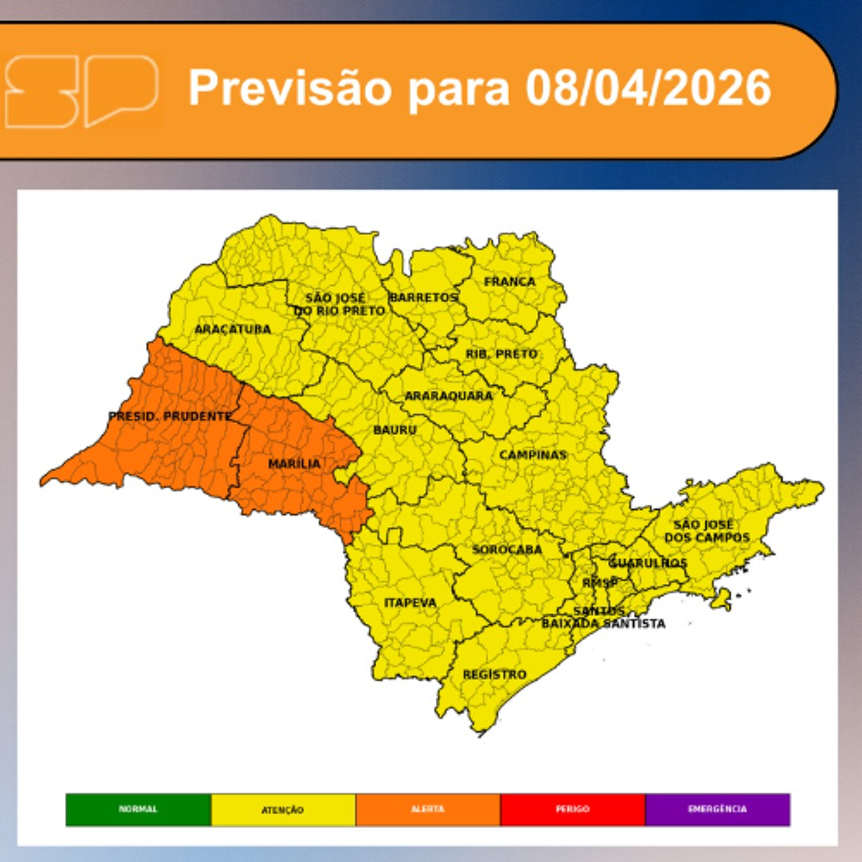 Defesa Civil - Quarta-feira, dia 08/04/2026, a passagem de uma frente fria aumenta as instabilidades no estado de São Paulo