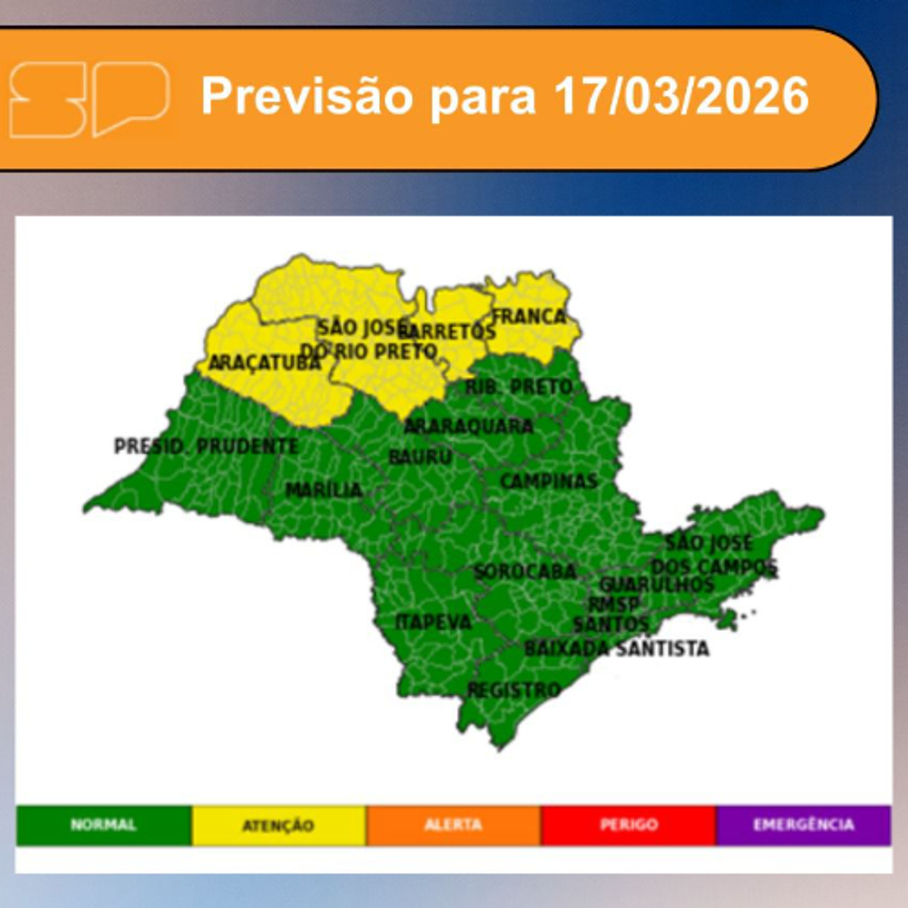 Defesa Civil - Nesta terça-Feira, dia 17/03/2026, o dia começa com sol e poucas nuvens