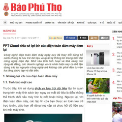 Báo Phú Thọ: FPT Cloud chia sẻ lợi ích của điện toán đám mây đem lại