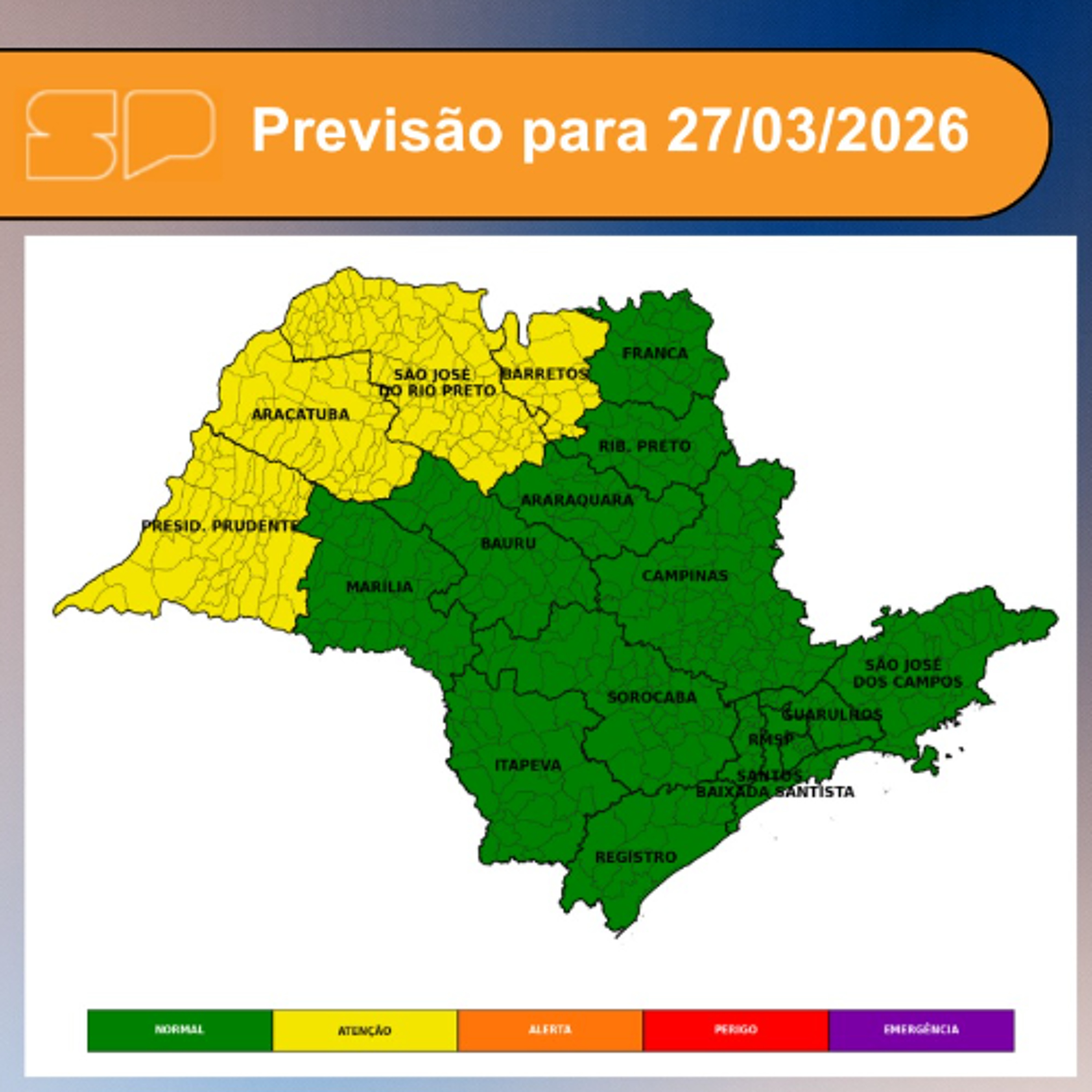 Defesa Civil - Nesta Sexta-feira, dia 27/03/2026,  será marcada por sol entre nuvens em todo o estado de São Paulo