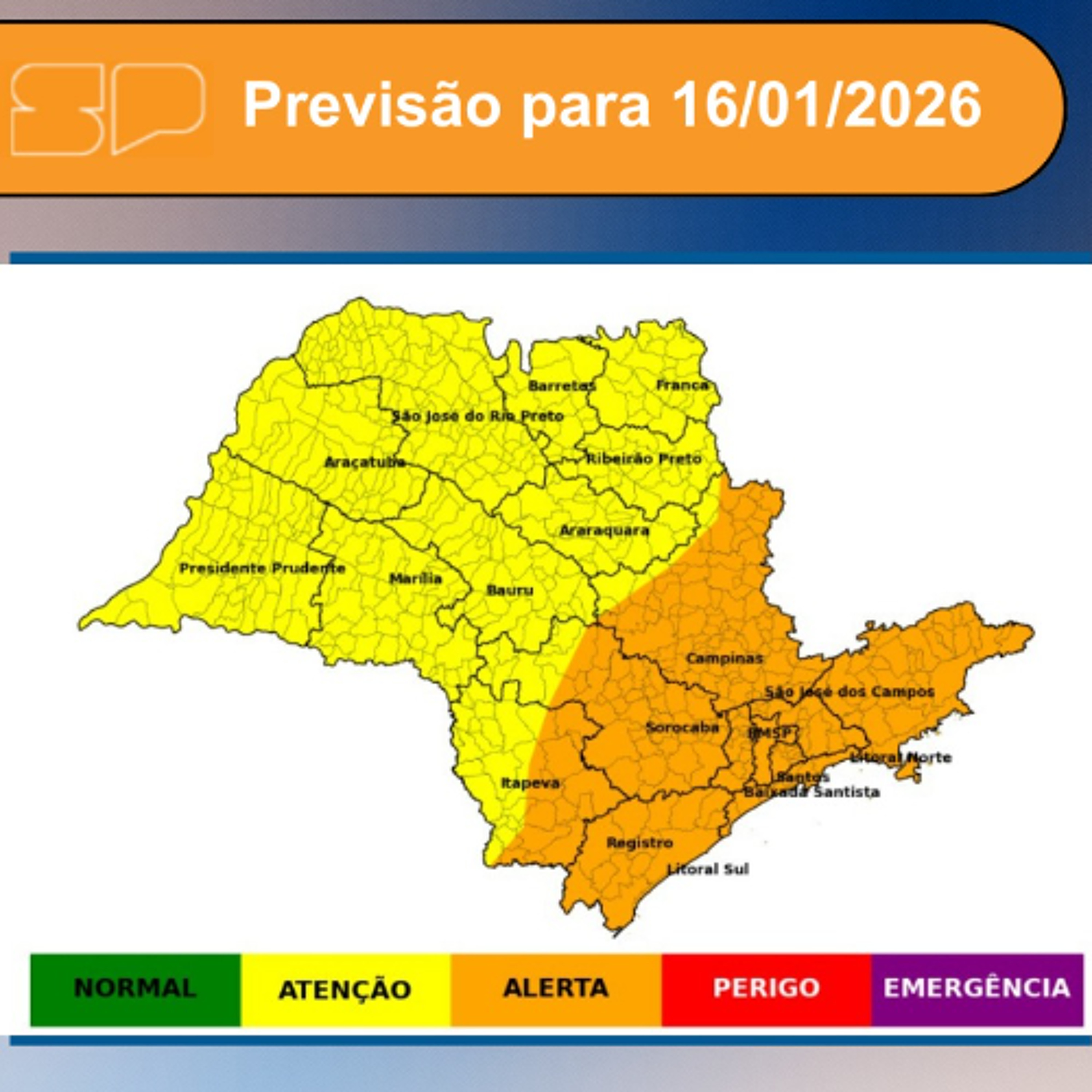 Defesa Civil - Nesta Sexta-feira, dia 16/01/2026, a condição meteorológica será de alta concentração de nebulosidade em grande parte do Estado de São Paulo