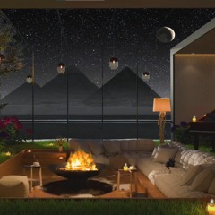 Cozy living room with pyramid fireplace and night view with meditation music