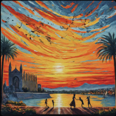 Leaving Palma, the sun sets low Grandkids wait