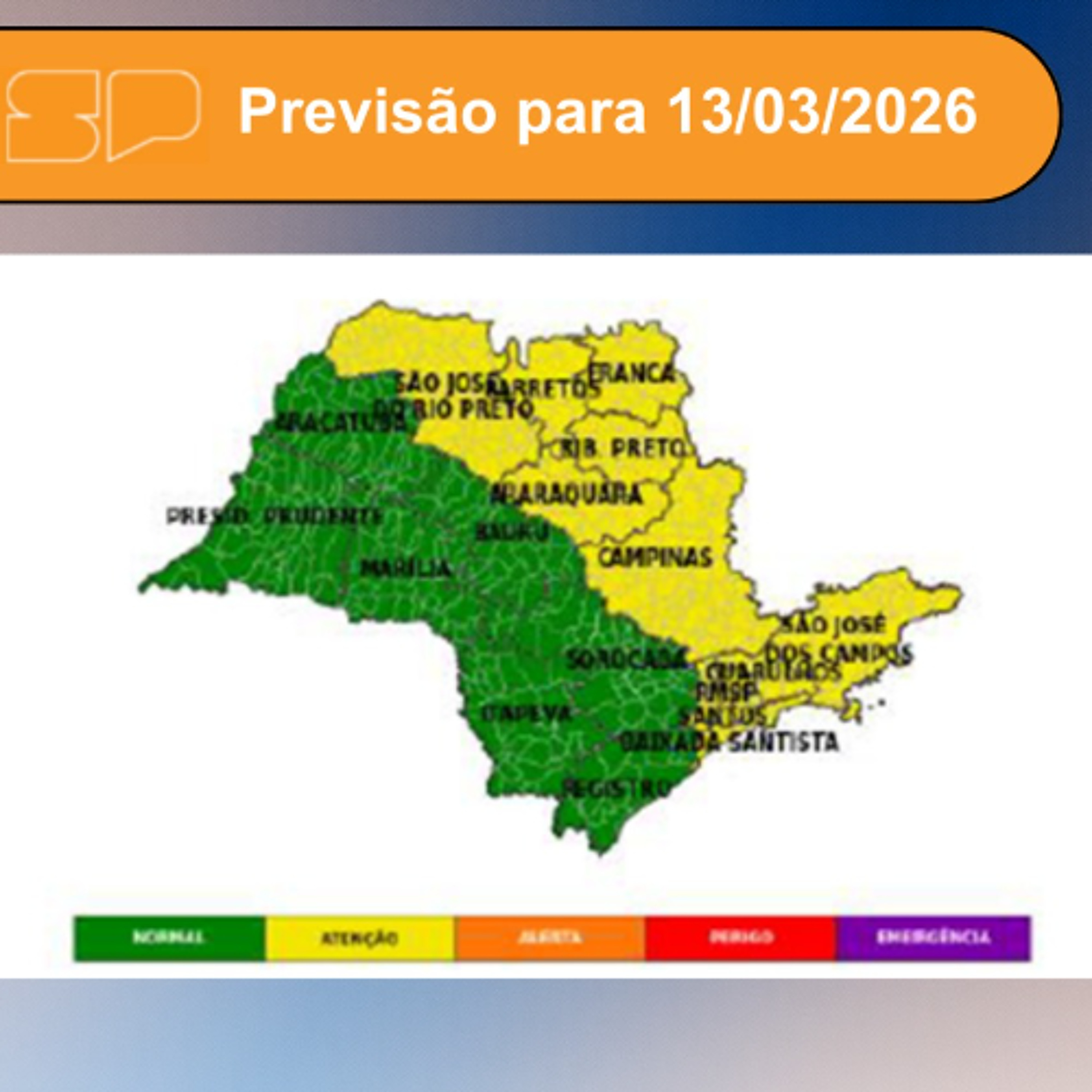 Defesa Civil - Nesta Sexta-Feira, dia 13/03/2026, o dia será marcado por sol entre muitas nuvens em grande parte do Estado de São Paulo