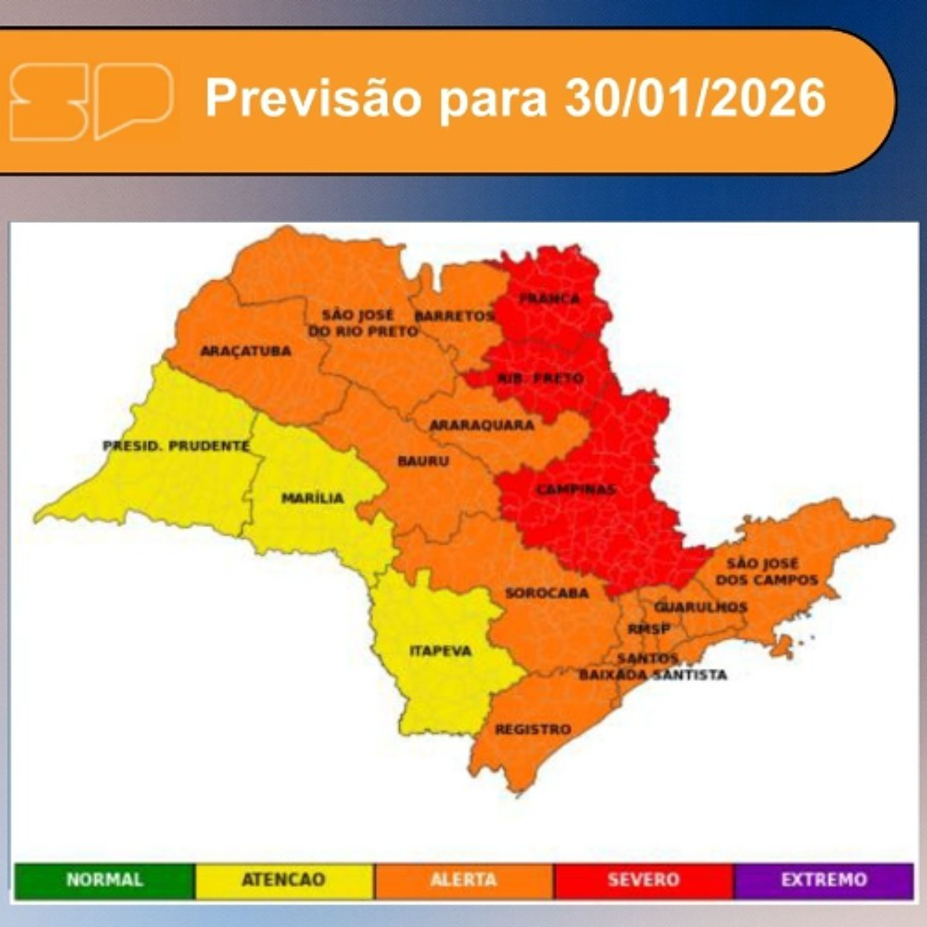 Defesa Civil - Sexta-feira, dia 30/01/2026, o dia será marcado por nebulosidade bastante variável em todo o Estado de São Paulo
