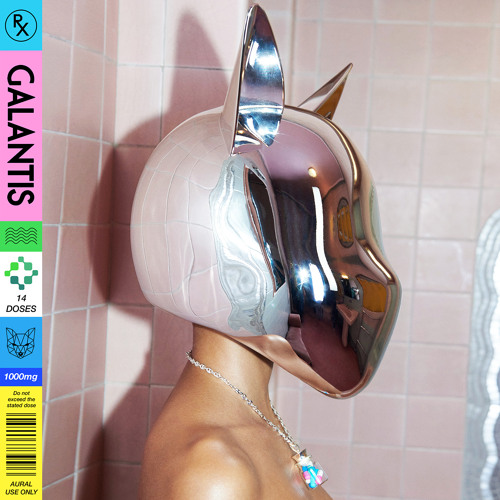 Album cover featuring a person wearing an oversized chrome and translucent sculptural helmet with horn-like protrusions against a pink tiled wall.
