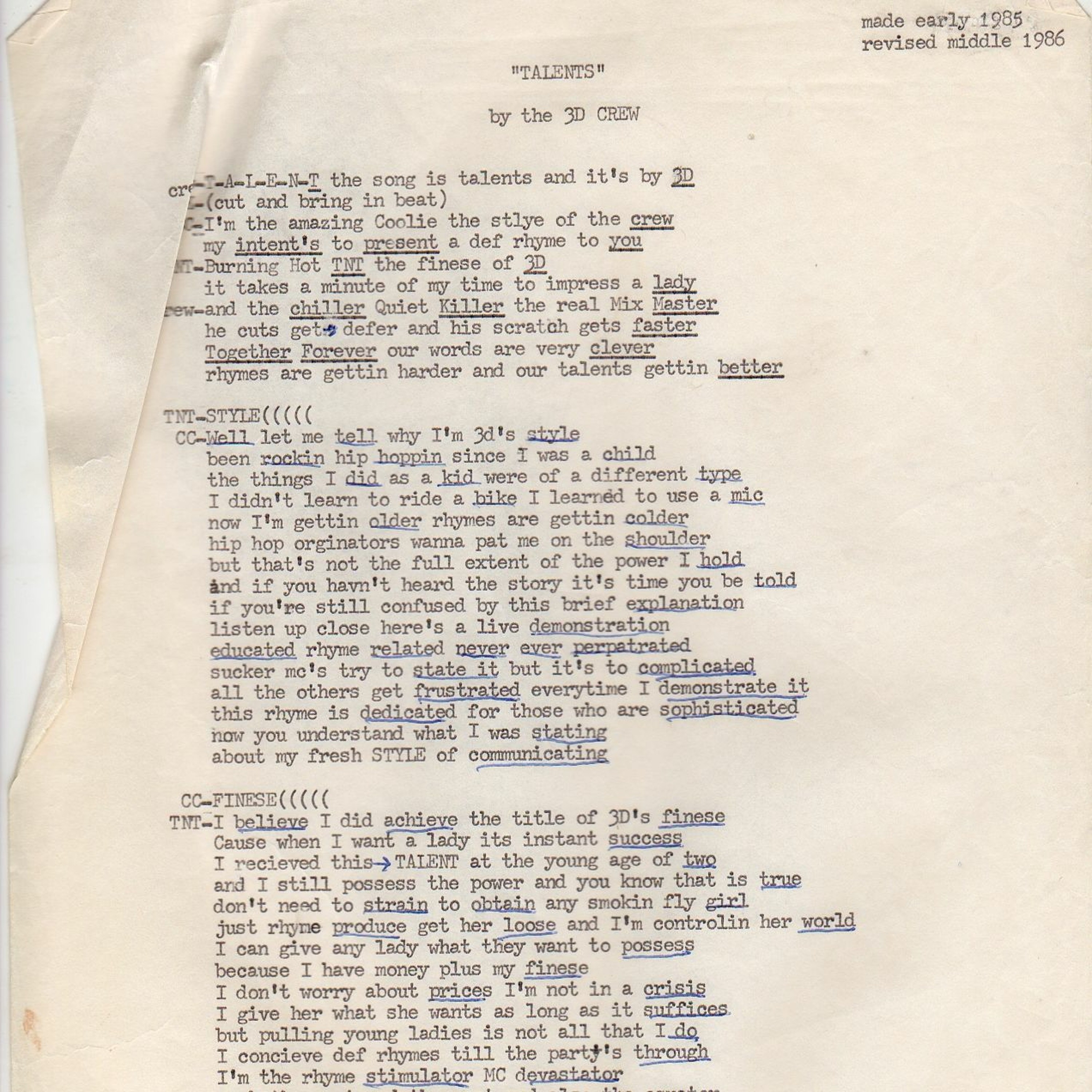 3D Crew "T-A-L-E-N-T-S" (Acapella) 1985 episode artwork