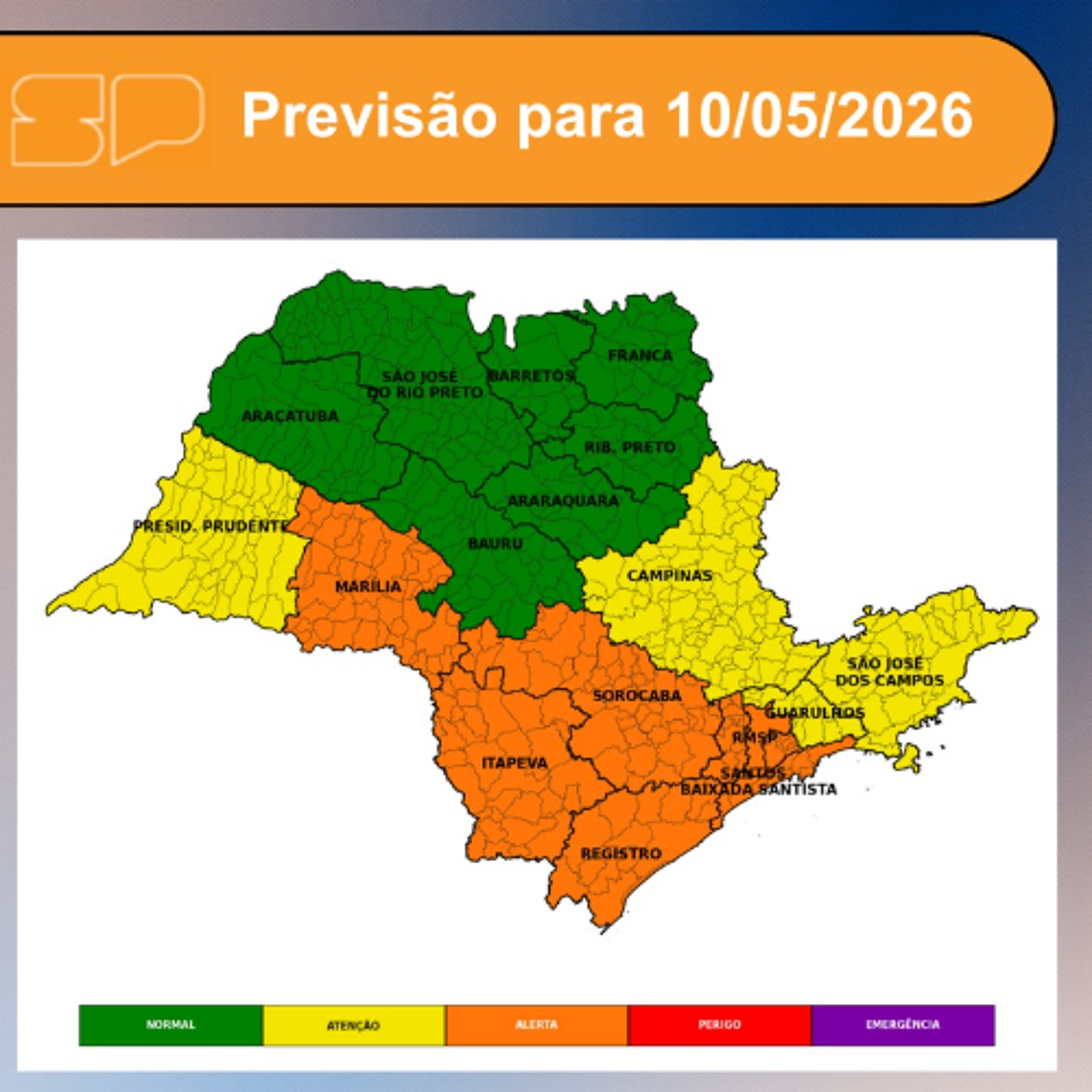 Defesa Civil - Domingo, dia 10/05, Dia das Mães, a frente fria atua no estado e há previsão de pancadas de chuva, de moderada a forte intensidade, seguidas por raios, rajadas de vento e possibilidade de granizo pontual, exceto no norte paulista