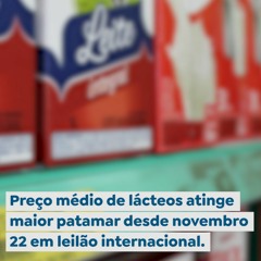 Preço médio de lácteos atinge maior patamar desde novembro 22 em leilão internacional