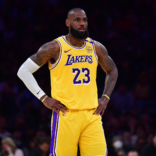 Mar 6, 2025; Los Angeles, California, USA; Los Angeles Lakers forward LeBron James (23) reacts during the first half at Crypto.com Arena.
