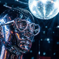 Mirrorball flash on a chrome-heart face.