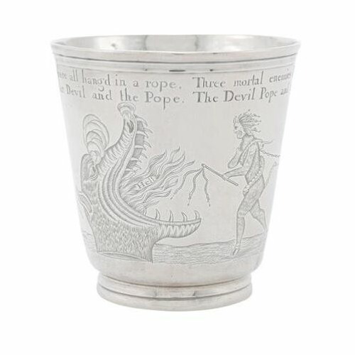 Unlocked:  History of US in 100 Objects #20 -- Silver Beaker with Devil and Pope Figures