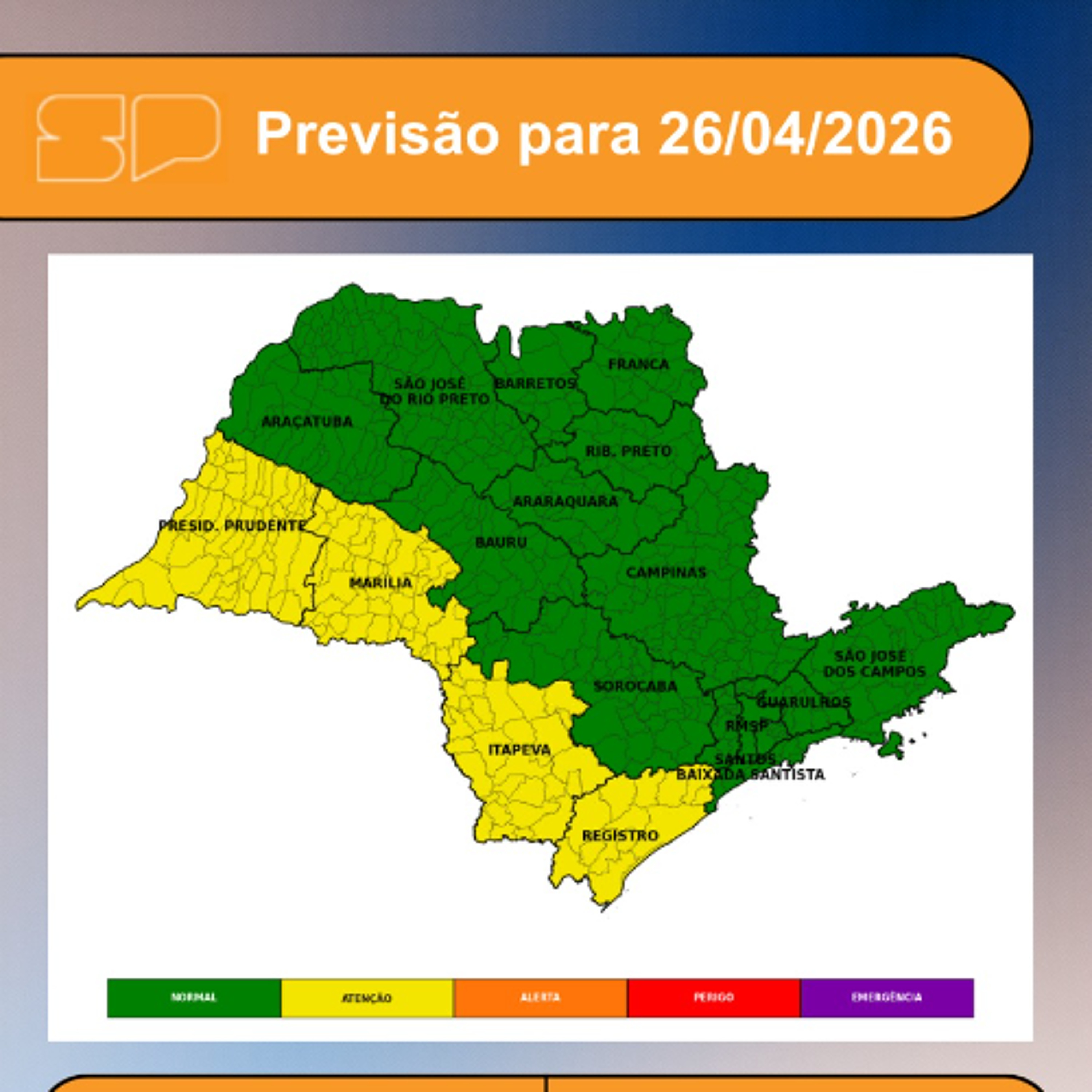 Defesa Civil - Domingo, 26 de abril, o dia começa com sol entre algumas nuvens em grande parte do estado de São Paulo