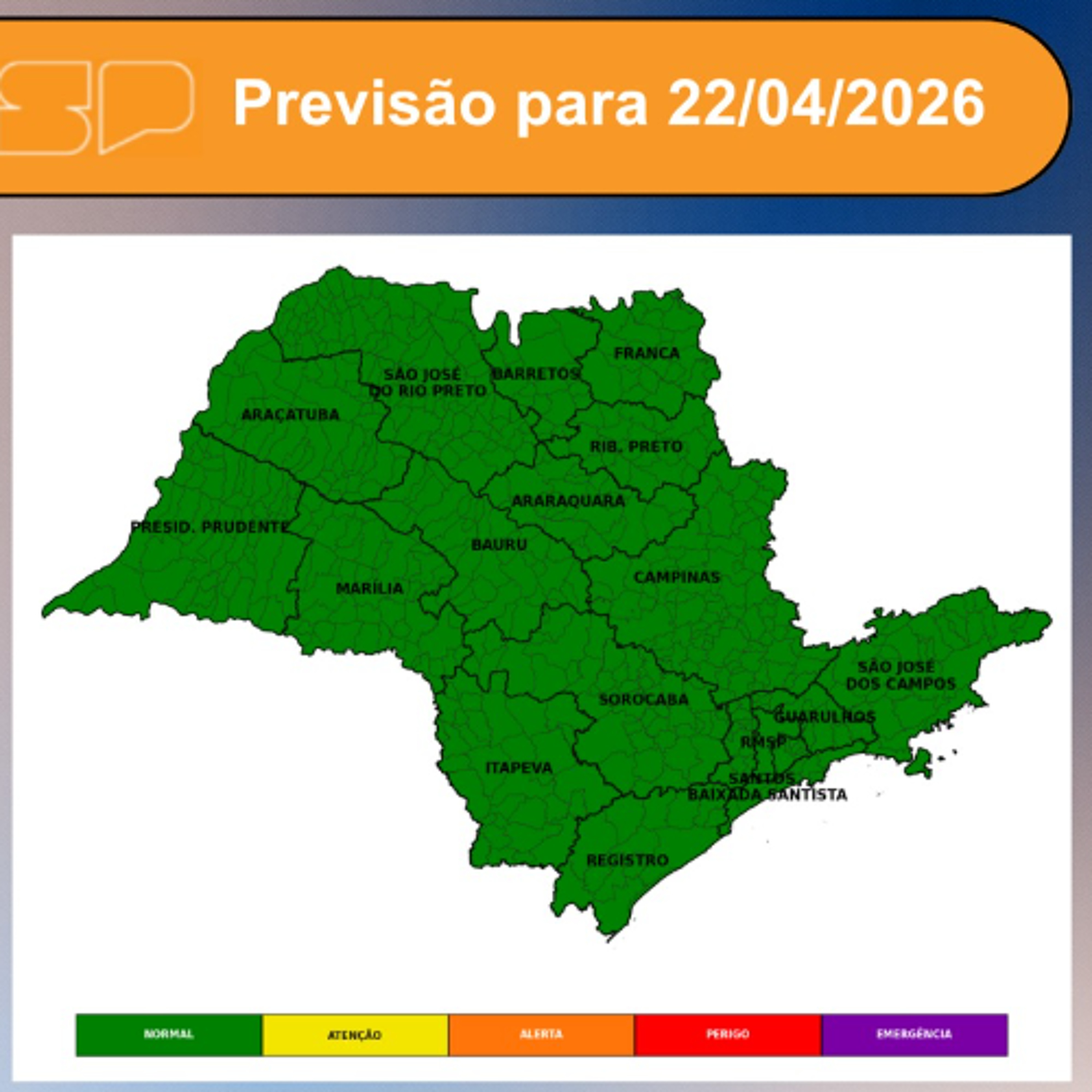 Defesa Civil - Quarta-feira, dia 22/04/2026, o tempo permanece estável em todo o estado de São Paulo