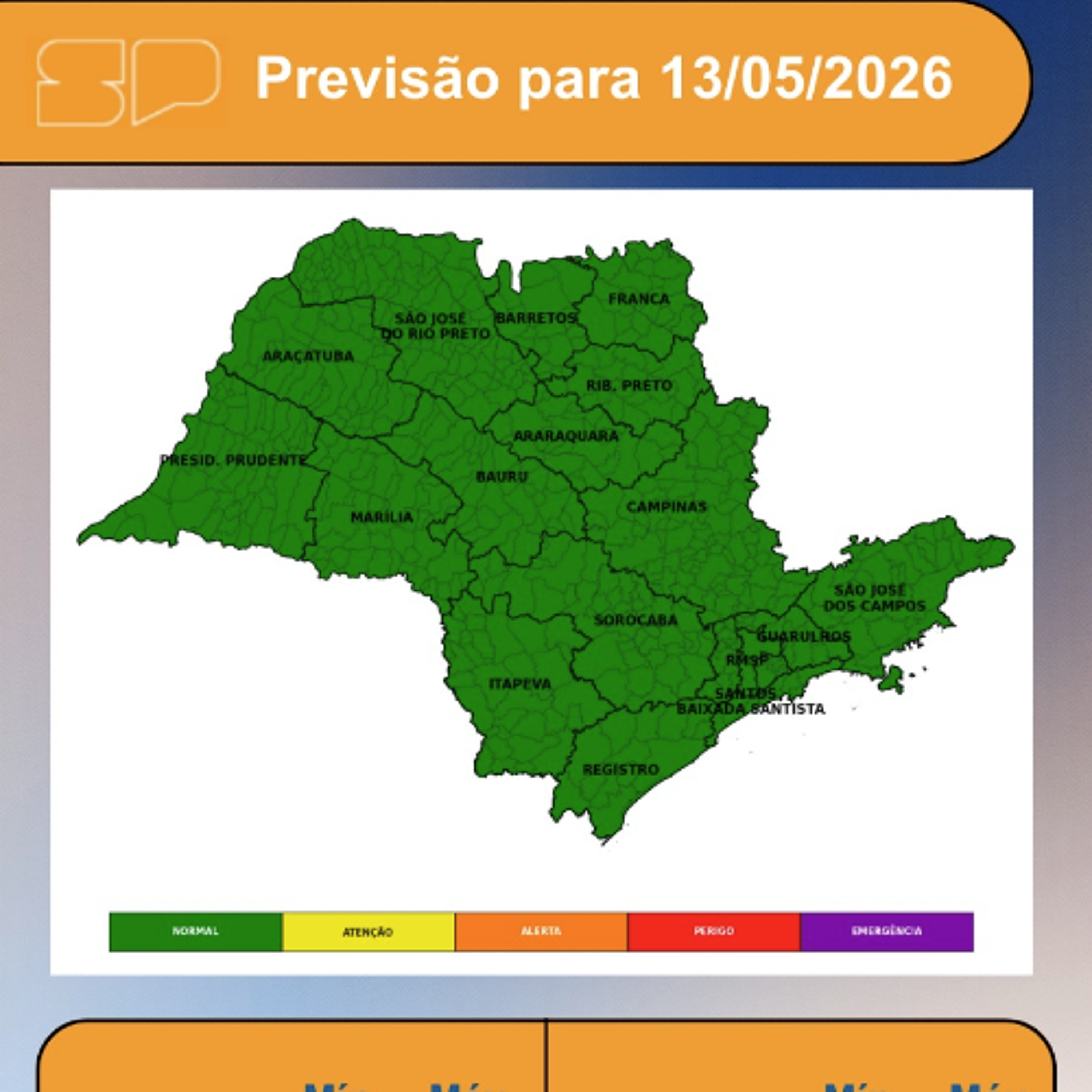 Defesa Civil - Quarta-feira, 13/05, a massa de ar frio continuará atuando sobre o estado de São Paulo