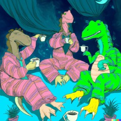 Dinosaurs having a tea party in pajamas
