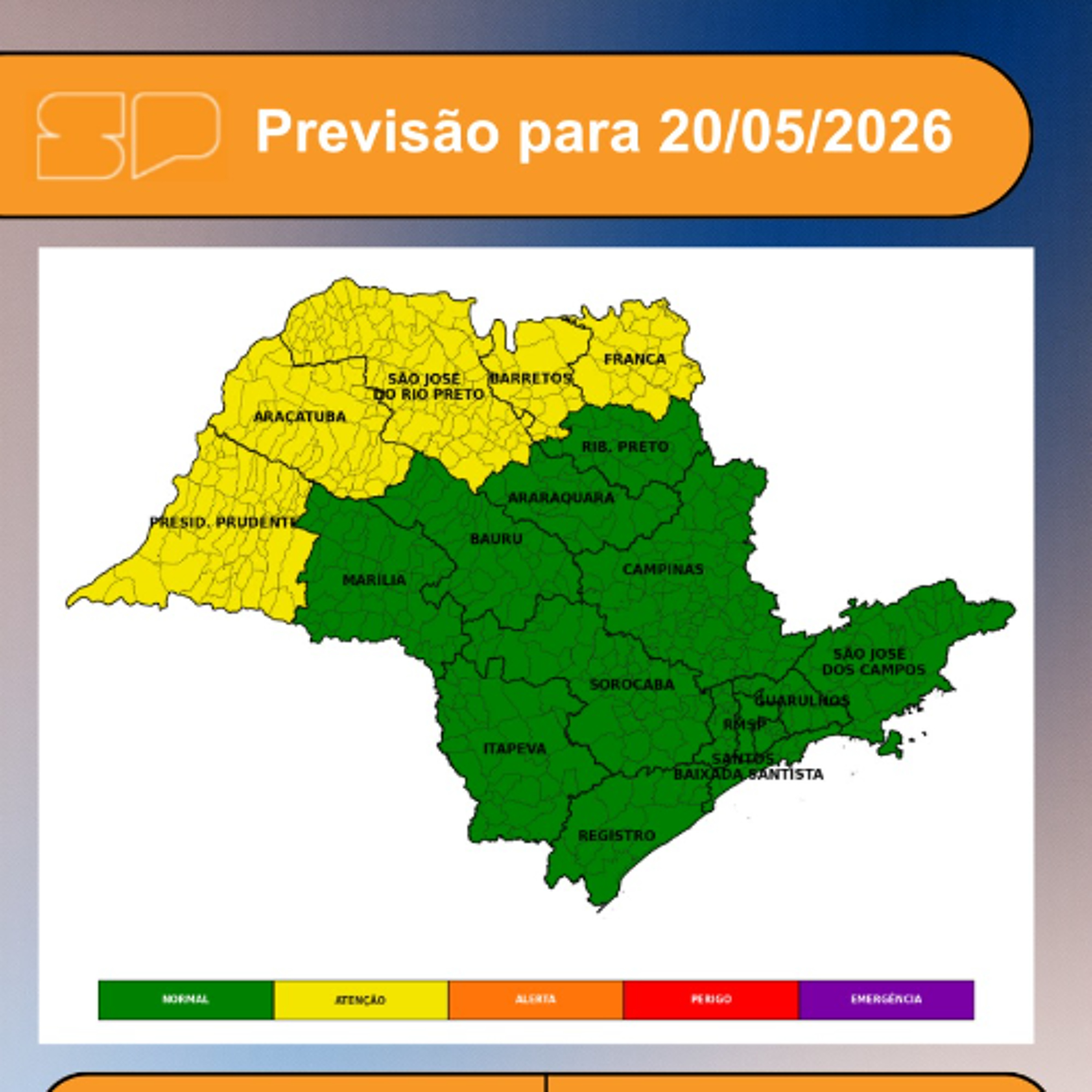 Defesa Civil - Quarta, 20/05,  atuação de uma massa de ar frio sobre o Estado de São Paulo mantém o tempo firme em grande parte do território paulista