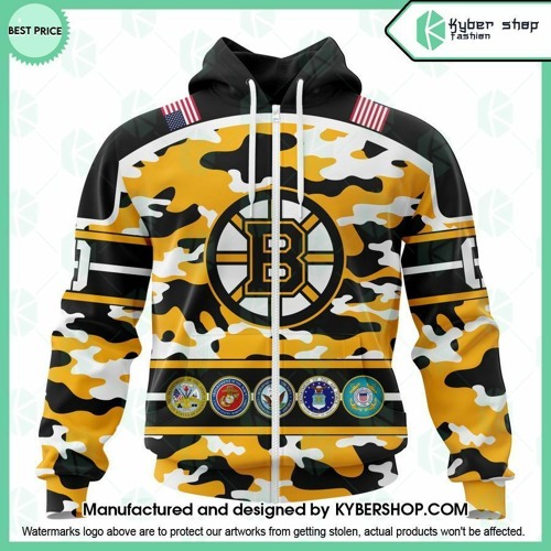Boston Bruins Design Wih Camo Team Color And Military Force Logo CUSTOM Hoodie