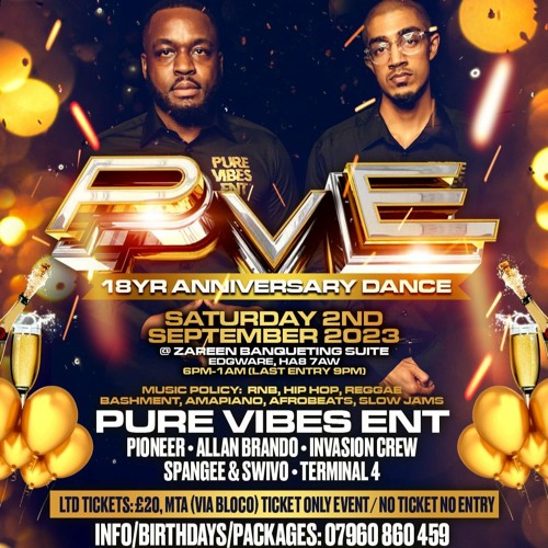 Pure Vibes Ent - 18th Yr Anniversary Dance - Sat 2nd Sep 2023 (Promo Mix)