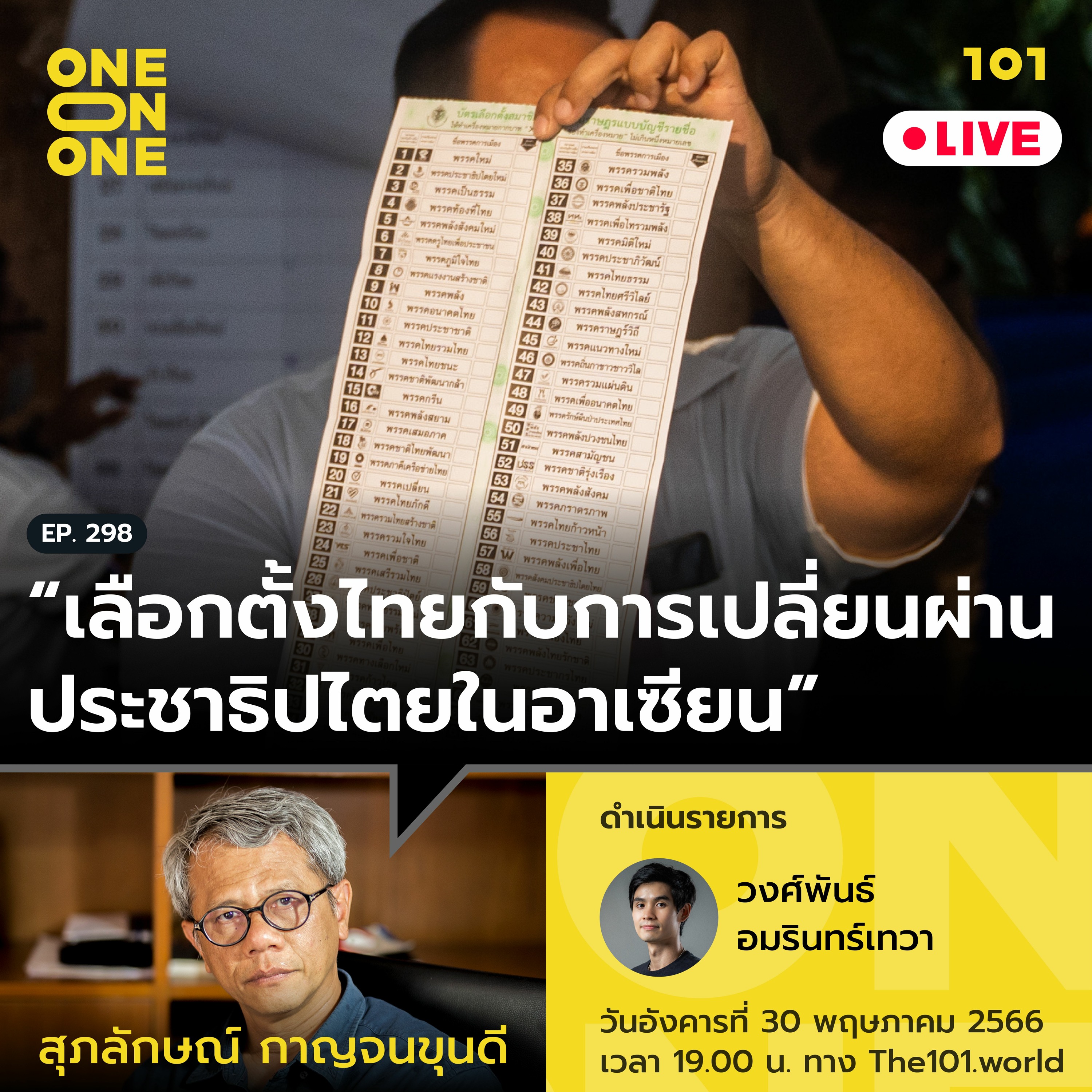 “เลือกตั้งไทยกับการเปลี่ยนผ่านประชาธิปไตยในอาเซียน” กับ สุภลักษณ์ กาญจนขุนดี | 101 One-on-One Ep.298