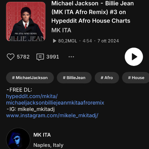 Michael Jackson - Billie jean (MK ITA Afro Remix) 3# on Hypeddit Afro House Charts