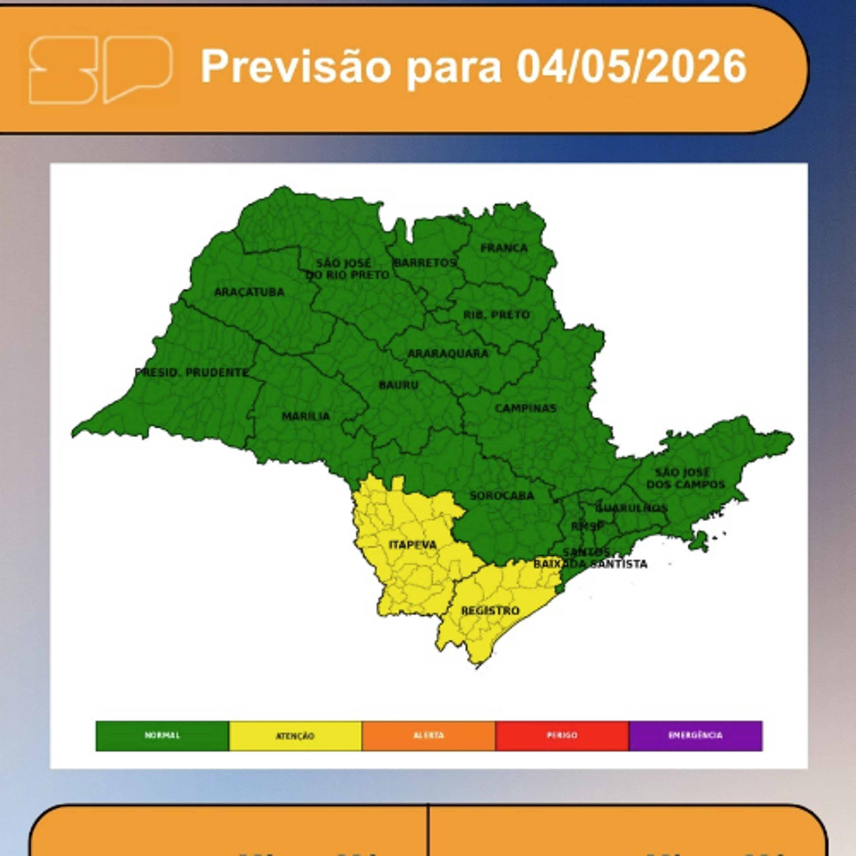 Defesa Civil - Segunda-feira, 04/05, com o afastamento da frente fria e a presença da massa de ar seco sobre o estado de São Paulo