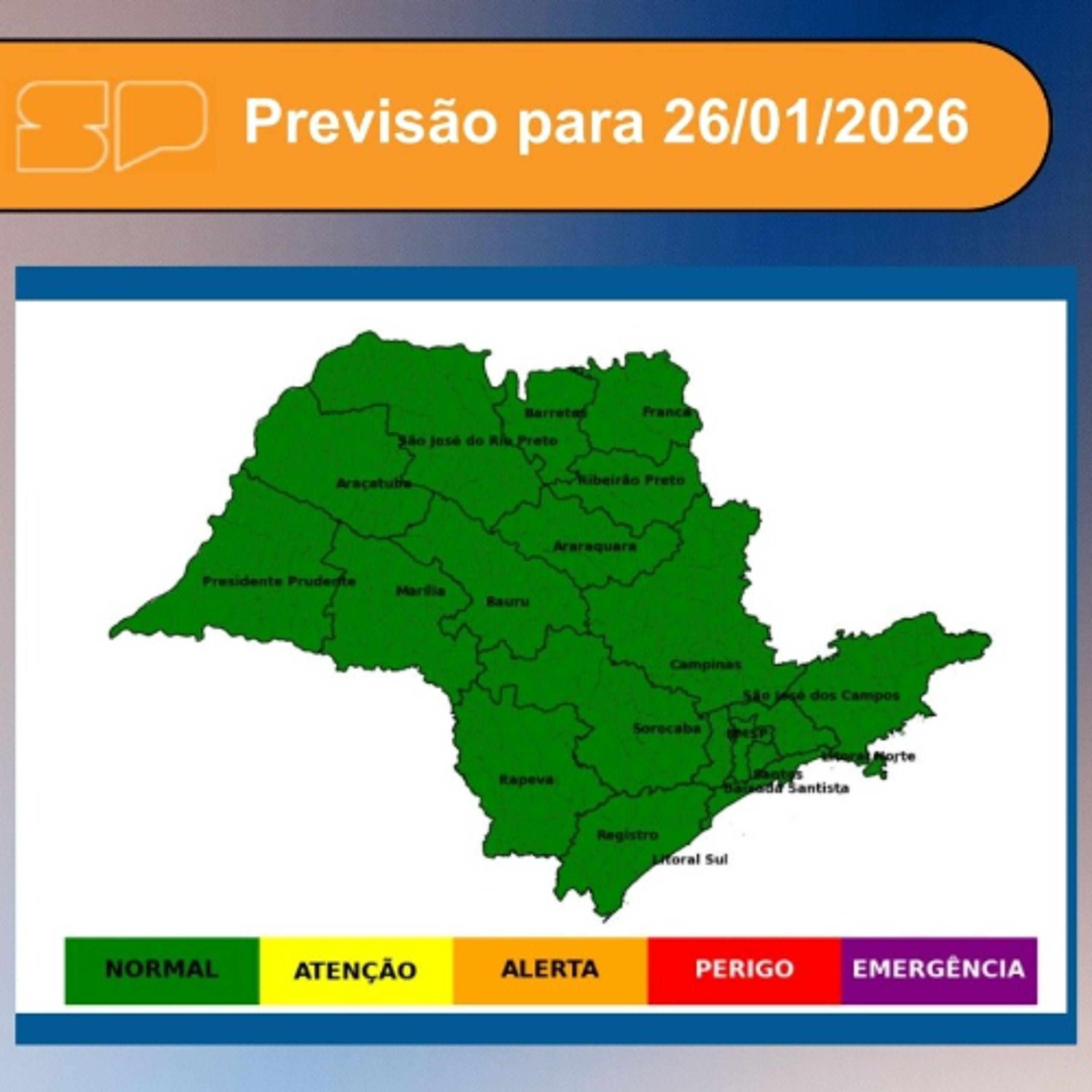 Defesa Civil - Segunda-feira, dia 26/01/2026, o dia será marcado pelo predomínio de sol entre algumas nuvens