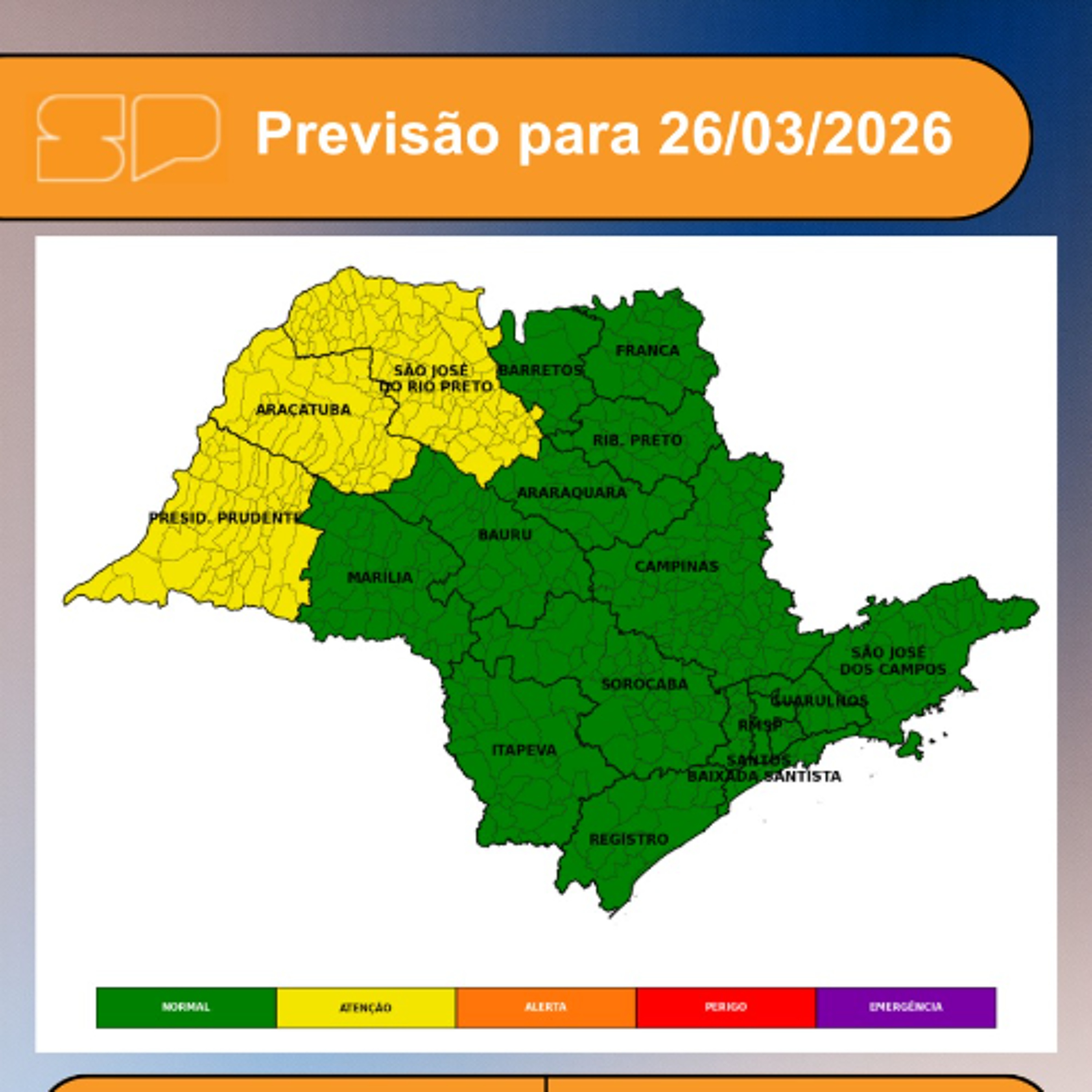 Defesa Civil - Nesta Quinta-feira, dia 26/03/2026, o dia será marcado por sol entre muitas nuvens no estado de São Paulo