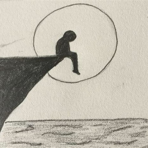 Desenho a mão de uma pessoa triste no convés de um navio