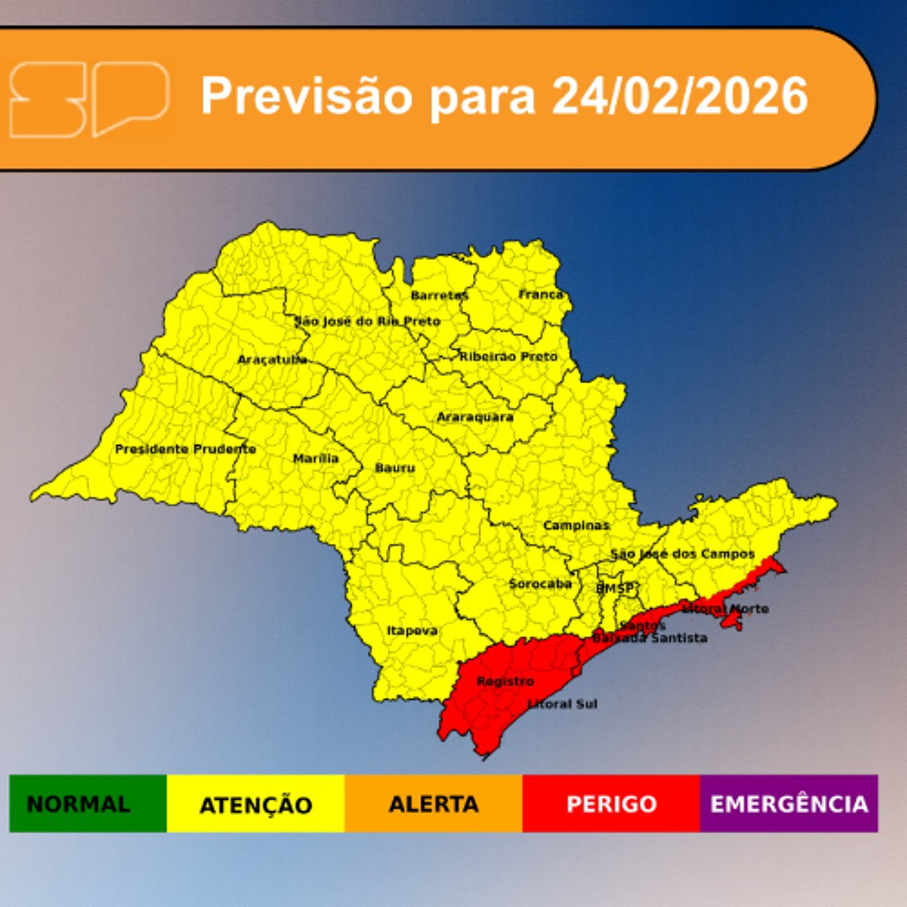 Defesa Civil - Terça-feira, dia 24/02/2026, com o enfraquecimento dos ventos úmidos vindos do oceano para o continente, haverá uma redução das chuvas no Estado de São Paulo