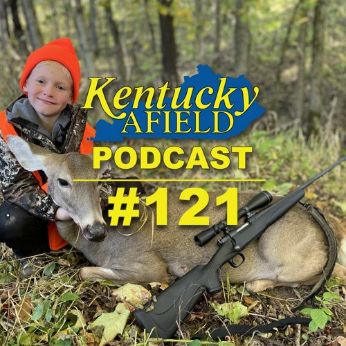 Podcast graphic showing a boy holding up a doe's head for a hunting game shot